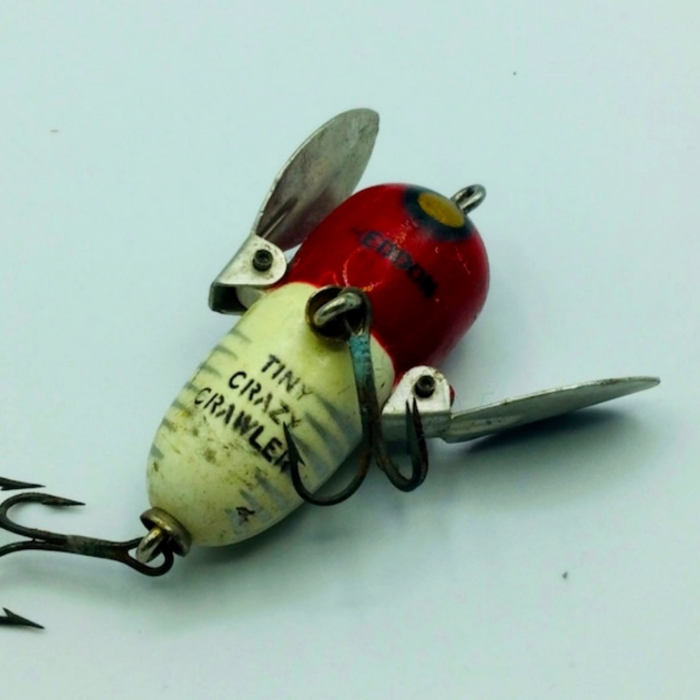 Antique Double Hook Heddon Wooden Tiny Crazy Crawler Fishing Lure